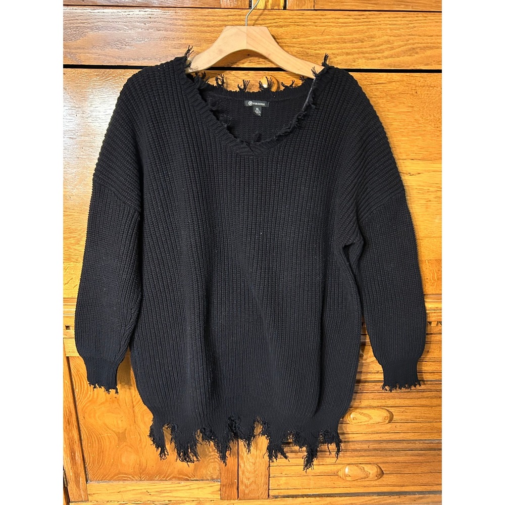 Versona Black Distressed Shaker Knit V-Neck Sweater Tunic XL Grunge Edgy Witchy